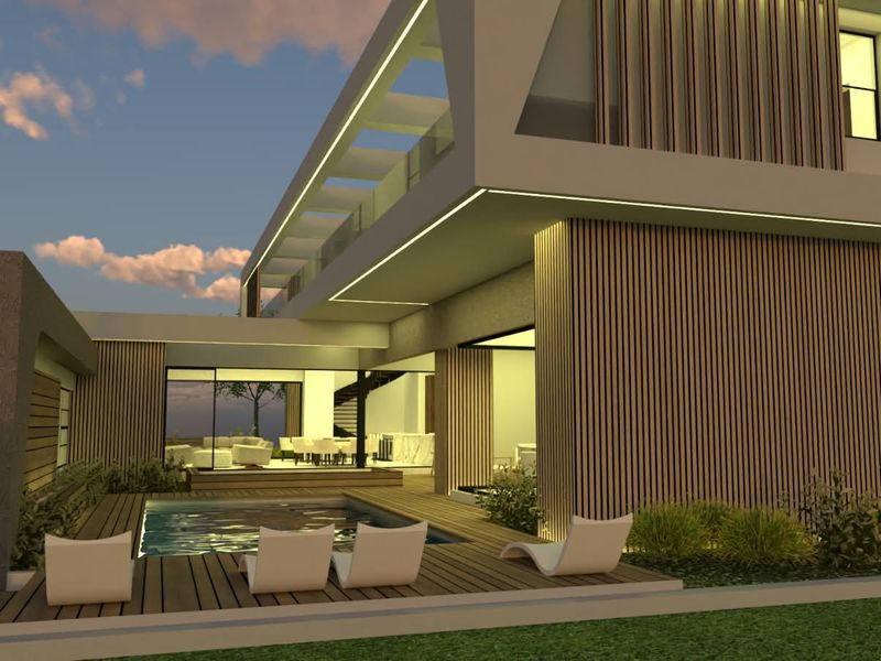 Modern rear exterior view featuring a swimming pool, timber decking, and contemporary architectural design with integrated lighting and glass elements.