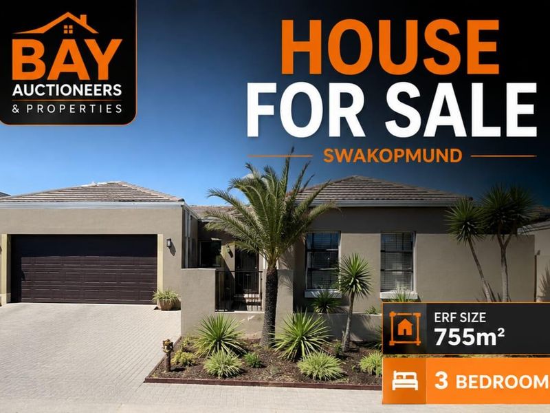 Front elevation of a modern house in Swakopmund featuring a paved driveway, double garage, and landscaped garden.