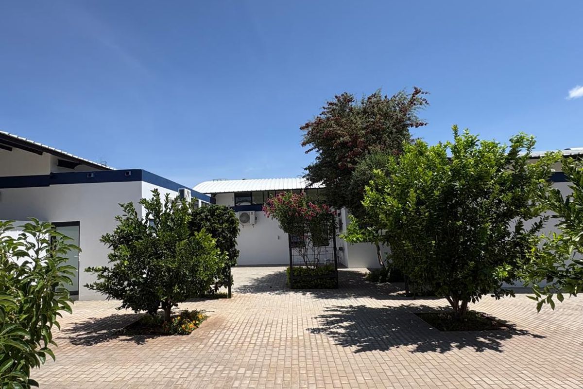 A paved courtyard area featuring established trees and white building facades with blue trim, providing a clean and well-maintained outdoor space.