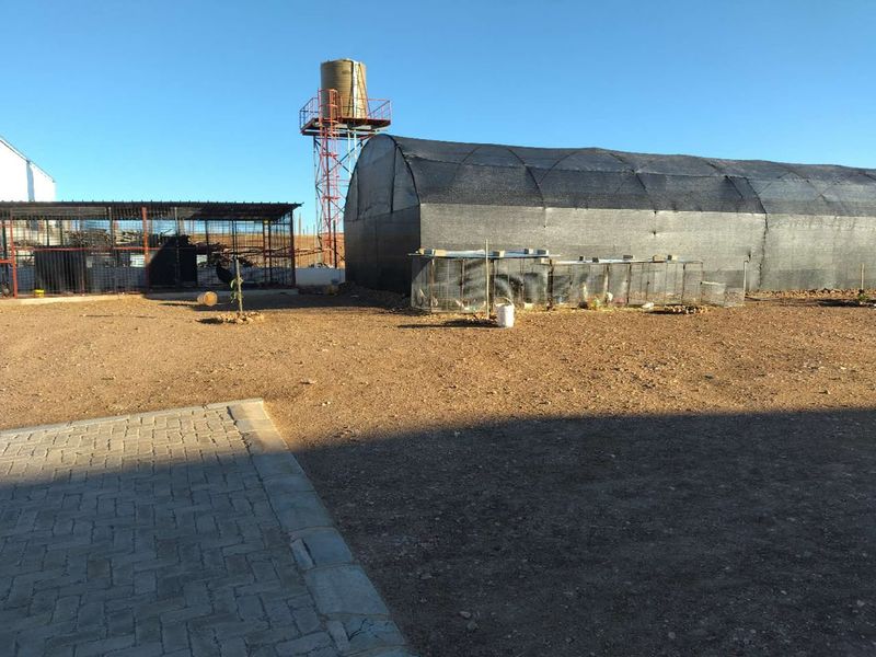 Outdoor area featuring a water tank, shade cloth tunnel structure, and fenced enclosures on a small holding property.