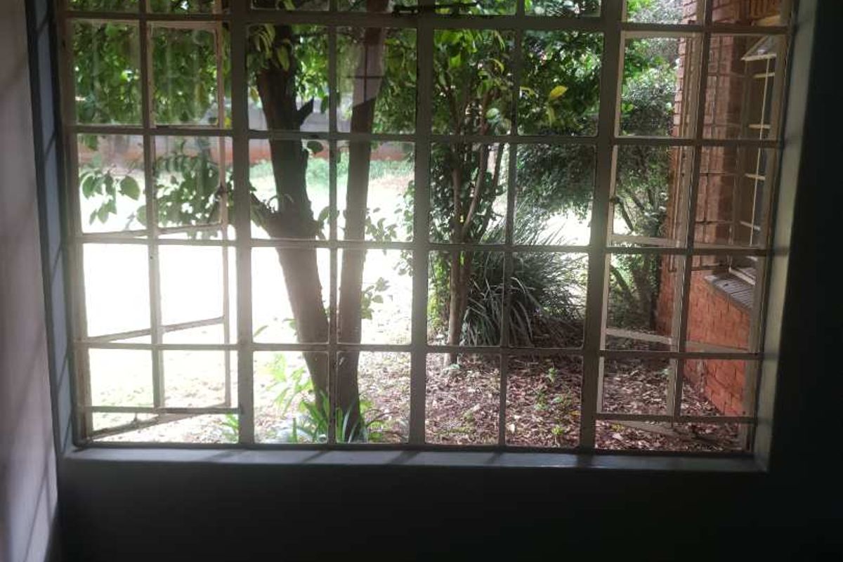 An empty bedroom featuring a large steel-framed window with views of the garden, finished with tiled flooring.