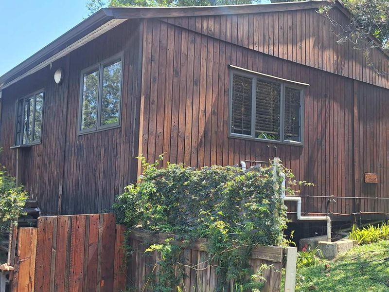 Rear view of a timber-clad cottage featuring aluminium windows and established garden surroundings.