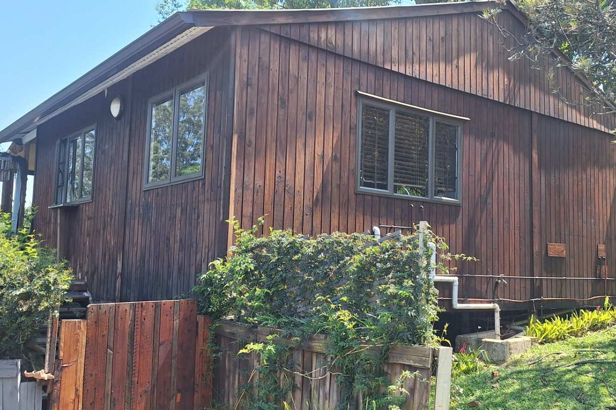 Rear view of a timber-clad cottage featuring aluminium windows and established garden surroundings.