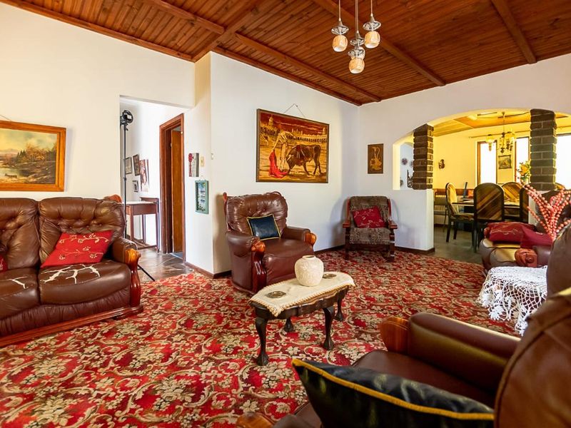 Spacious open-plan living area featuring a distinctive timber-clad vaulted ceiling and an exposed brick archway connecting to the adjacent dining space.