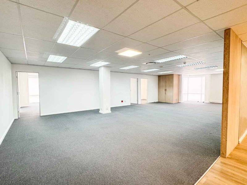 Spacious open-plan office area featuring a suspended ceiling with recessed lighting, neutral carpeting, and integrated storage cabinetry.