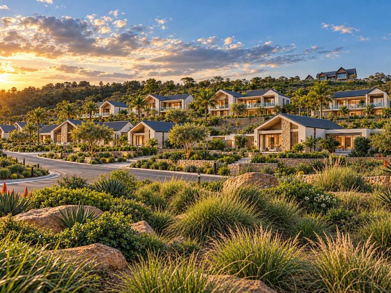 A scenic view of a modern residential estate featuring multiple villas, landscaped gardens, and stone retaining walls at sunset.