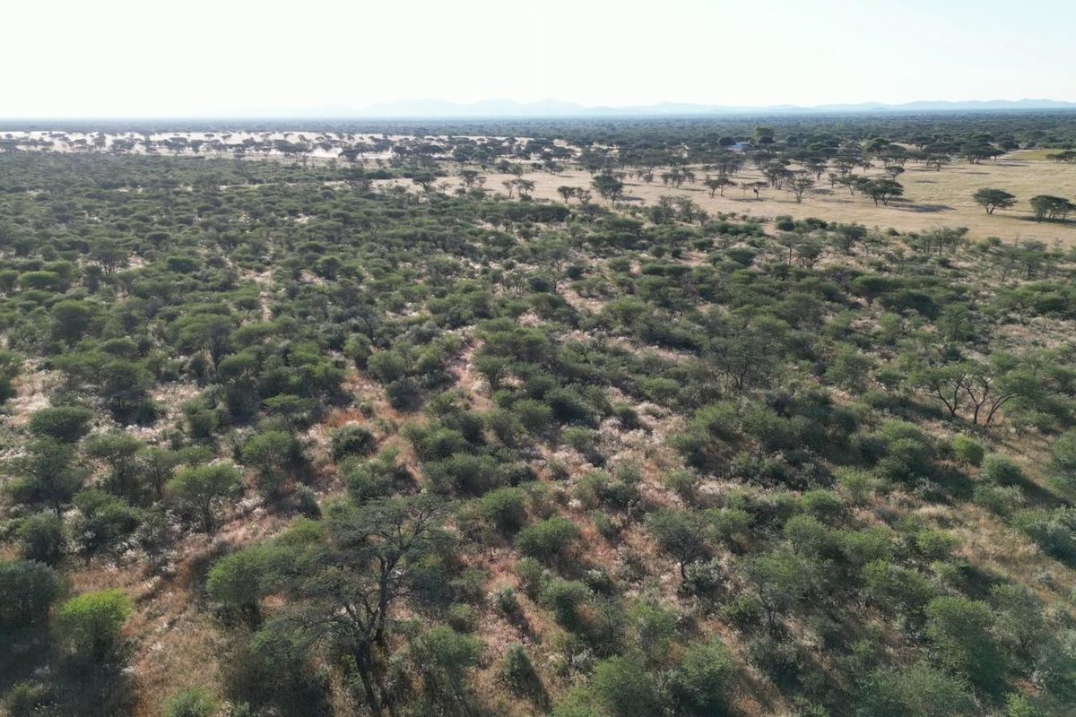 An expansive aerial view of the farm property, showcasing the vast natural landscape and native vegetation characteristic of the region.