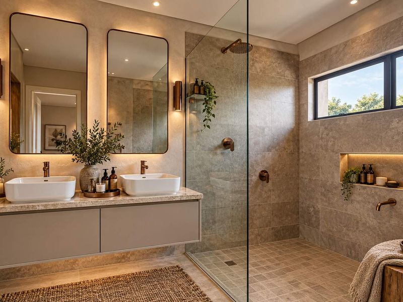 Modern luxury bathroom featuring a double vanity with vessel sinks, a spacious walk-in shower with glass enclosure, and elegant stone tiling throughout.