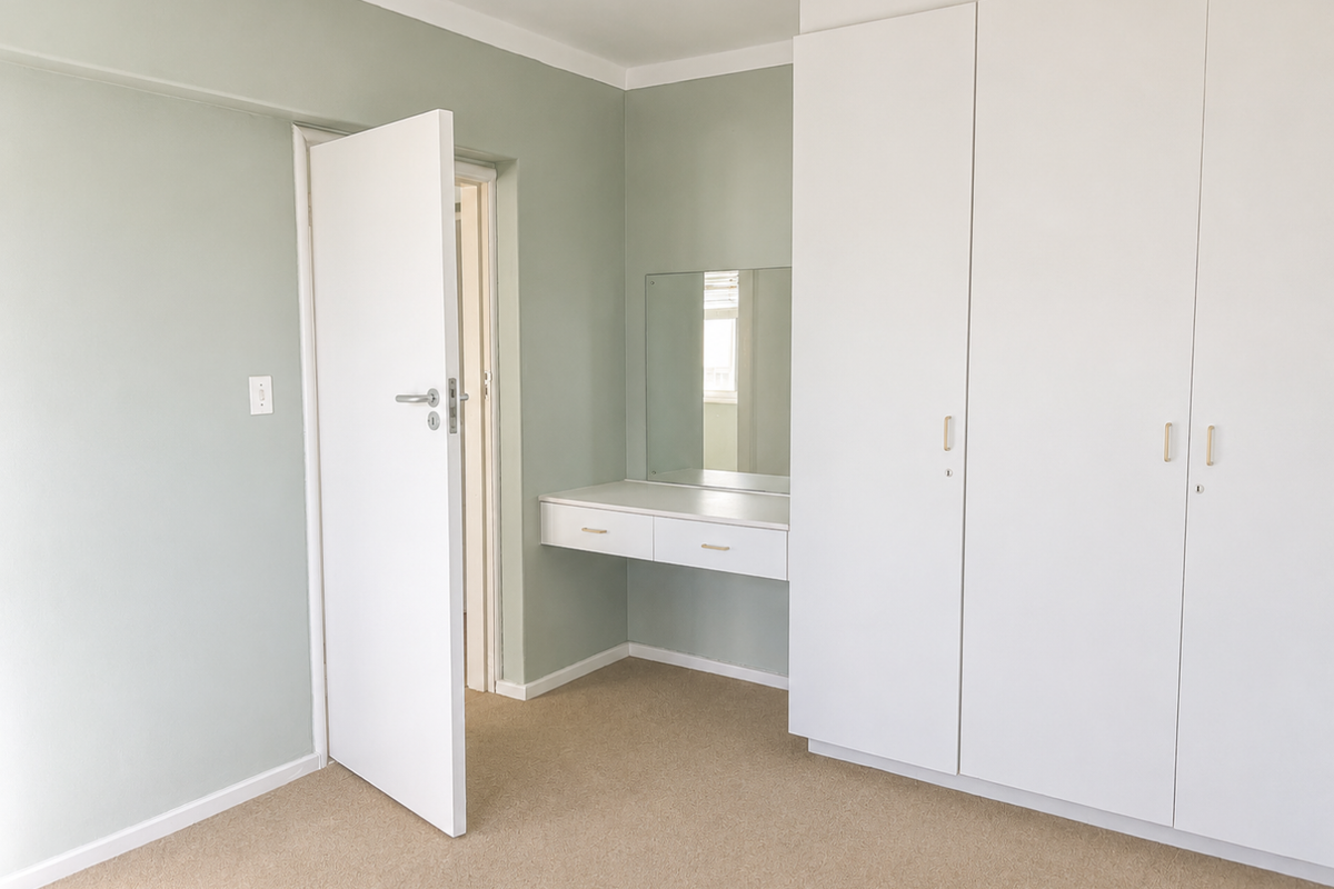 A clean, well-maintained bedroom featuring neutral wall tones, ample built-in cupboard storage, and a dedicated built-in vanity area with a mirror.