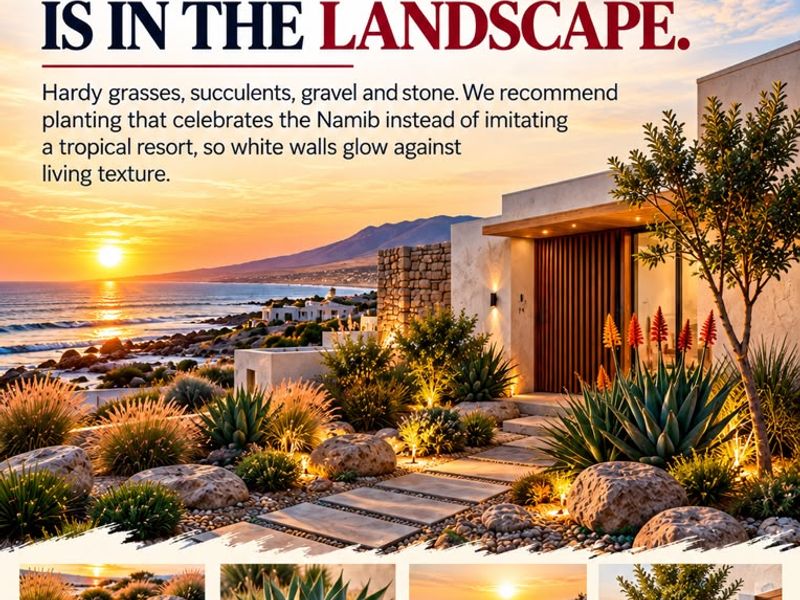 A promotional marketing image for a new residential development in Henties Bay, showcasing coastal landscaping and architectural design.