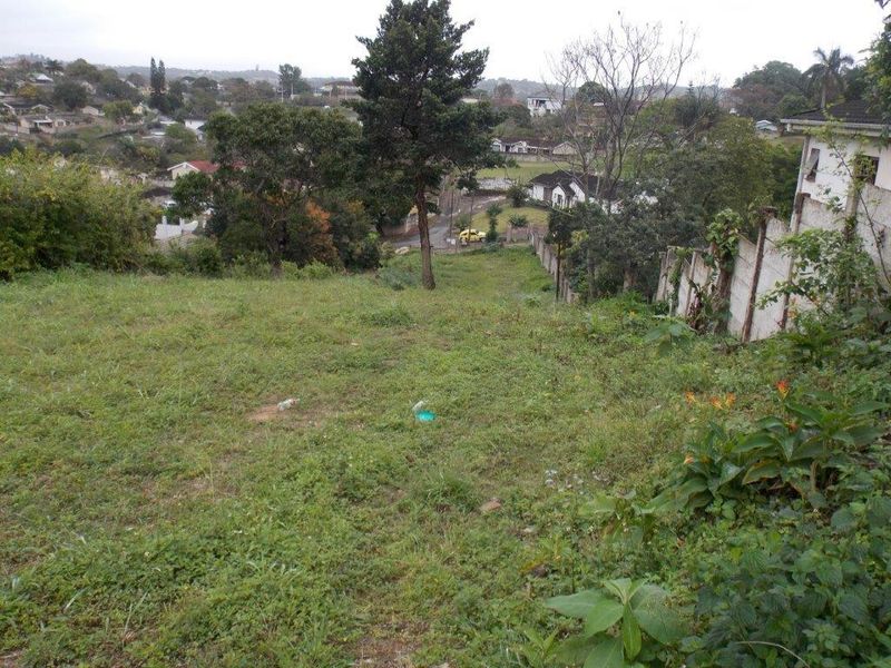 A sloped vacant residential plot featuring established trees and a precast concrete boundary wall, overlooking the surrounding neighborhood.
