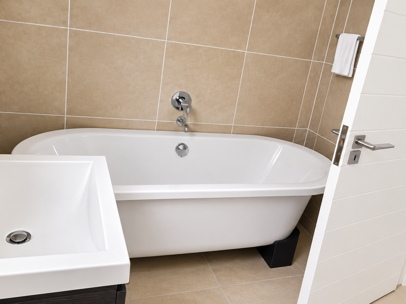 A clean, modern bathroom featuring a white freestanding bathtub, wall-mounted mixer, and a contemporary vanity basin with neutral wall and floor tiling.