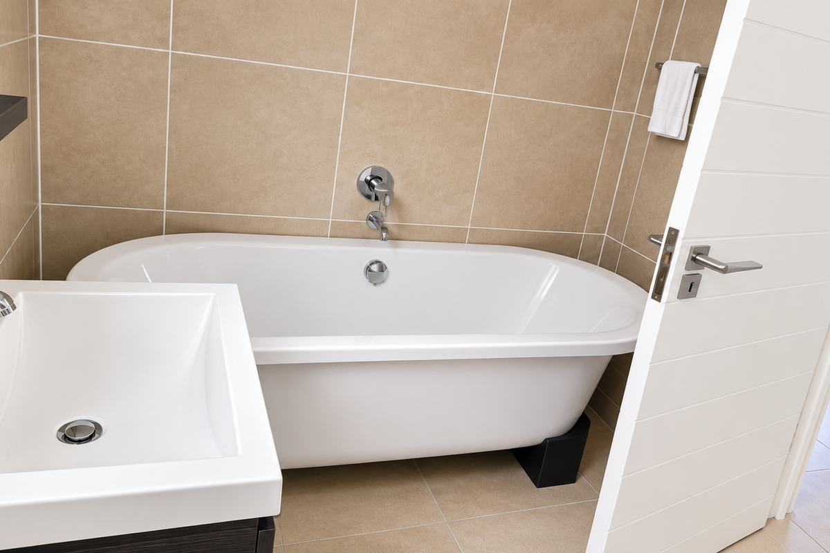 A clean, modern bathroom featuring a white freestanding bathtub, wall-mounted mixer, and a contemporary vanity basin with neutral wall and floor tiling.