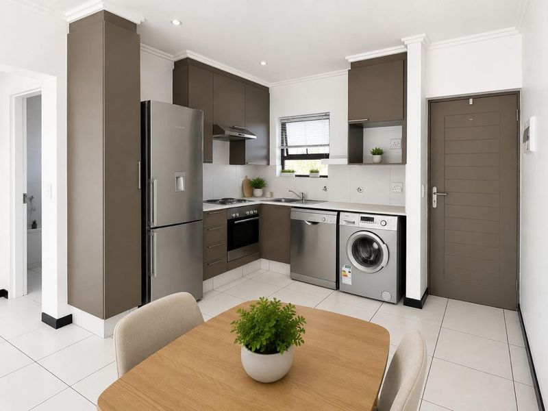 Modern kitchen featuring sleek brown cabinetry, stainless steel appliances, tiled flooring, and recessed lighting, offering a clean and functional culinary space.