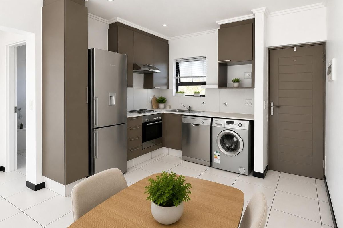 Modern kitchen featuring sleek brown cabinetry, stainless steel appliances, tiled flooring, and recessed lighting, offering a clean and functional culinary space.