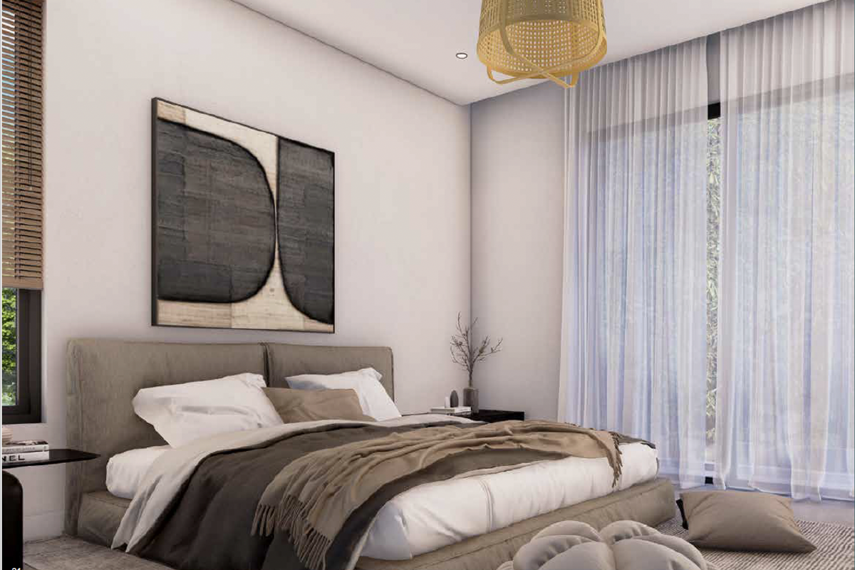 A modern, well-lit bedroom featuring large floor-to-ceiling windows with sheer curtains, recessed ceiling lighting, and neutral finishes.