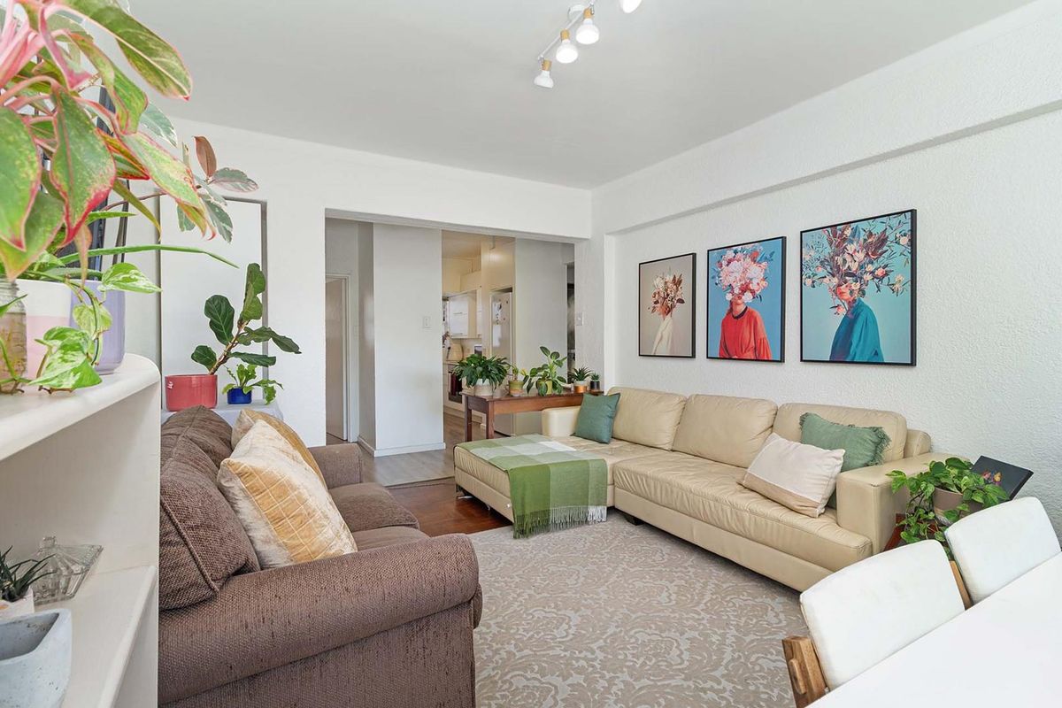 A bright and spacious living room featuring hardwood flooring and modern track lighting, with an open-plan flow leading into the kitchen area.