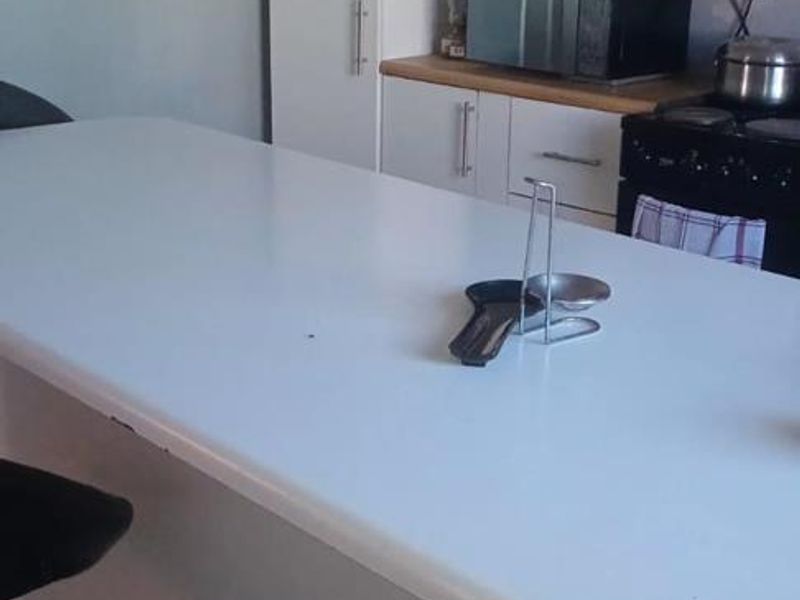 A compact kitchen area featuring built-in cabinetry, a laminate countertop, and a fitted oven, showing signs of wear and requiring cosmetic updates.