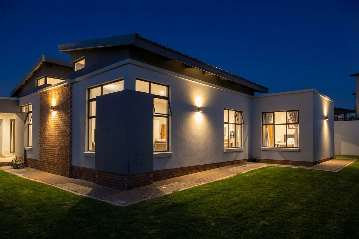 A modern rear exterior view of the house at dusk, featuring brick and plastered finishes, paved pathways, and warm exterior wall lighting.