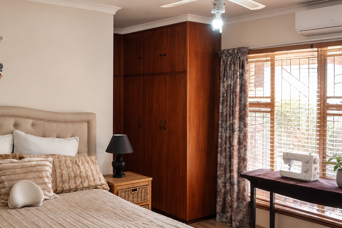 A bedroom featuring built-in wooden cabinetry, a wall-mounted air conditioning unit, and large windows with fitted blinds.