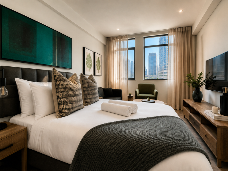 A well-appointed bedroom featuring large windows with city views, recessed lighting, and neutral finishes, creating a bright and comfortable living space.