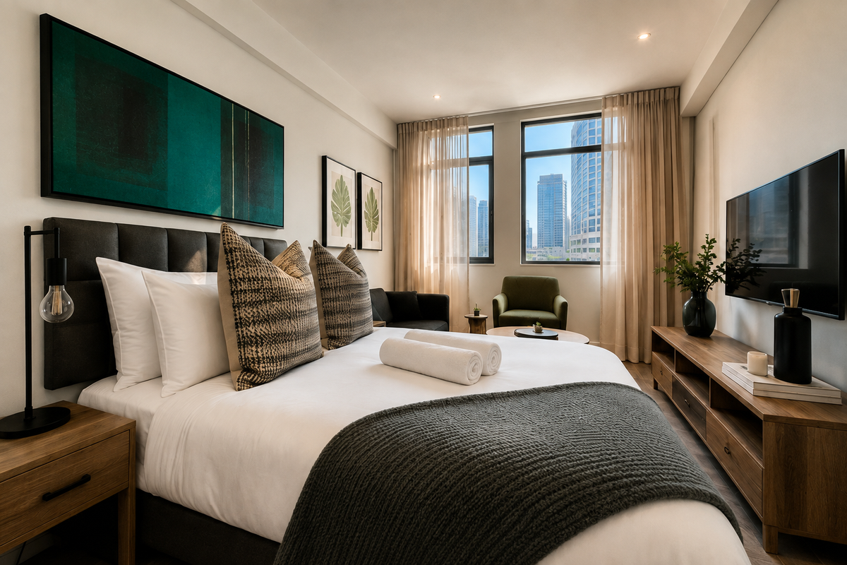 A well-appointed bedroom featuring large windows with city views, recessed lighting, and neutral finishes, creating a bright and comfortable living space.
