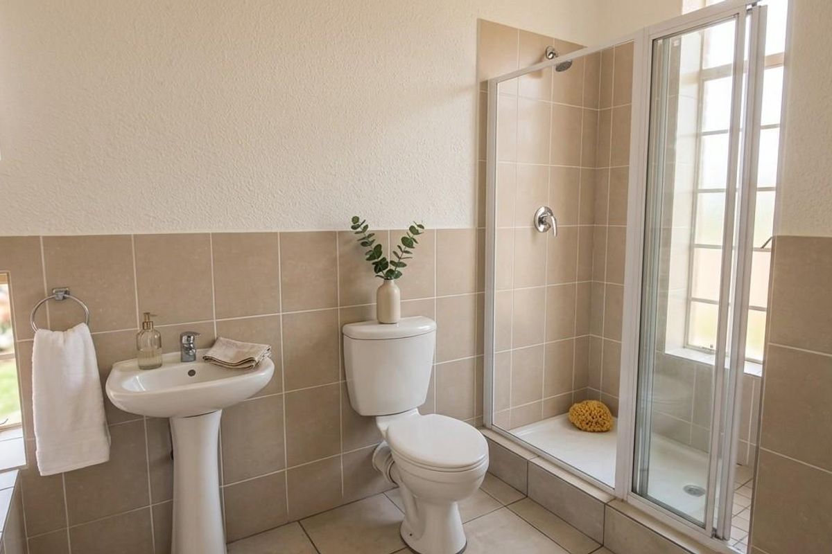 A functional bathroom featuring a pedestal basin, toilet, and a glass-enclosed shower with neutral wall and floor tiling.