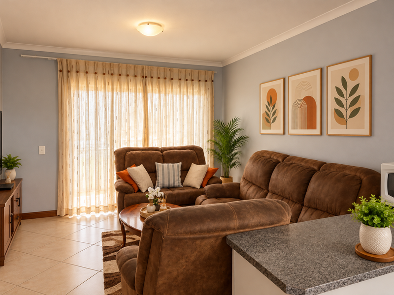 A well-maintained open-plan living area featuring tiled flooring, a granite countertop, and a large sliding glass door that allows for ample natural light.