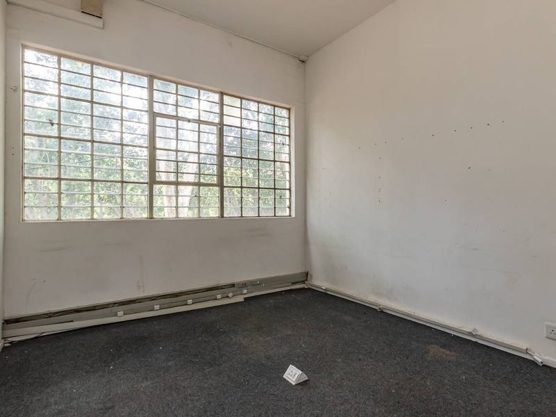 An empty, dated bedroom featuring a large grid-pattern window, worn carpeting, and walls requiring cosmetic attention.