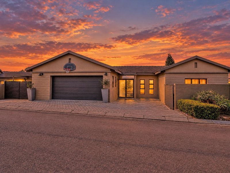 Modern single-story residential facade featuring a double garage, paved driveway, and contemporary architectural design under a vibrant sunset sky.