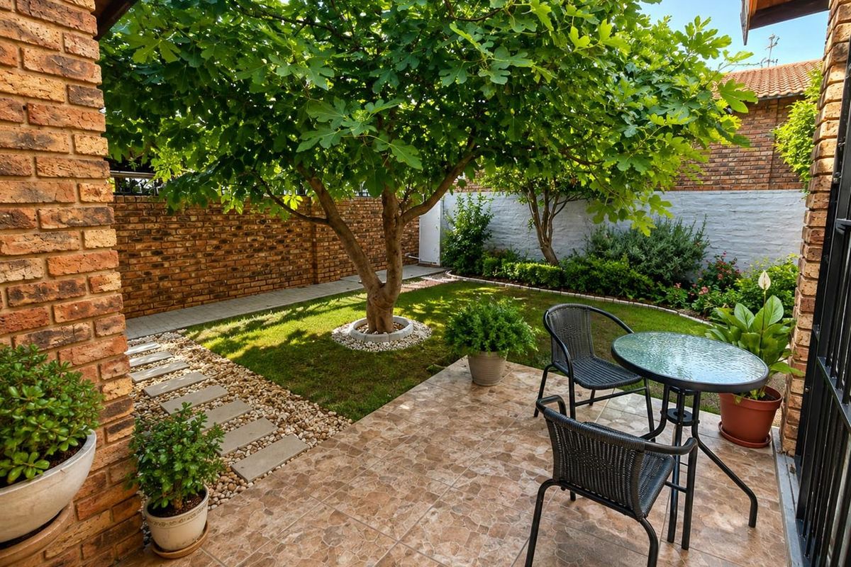 A well-maintained rear garden featuring a tiled patio area, stone pathway, and established trees enclosed by brick boundary walls.