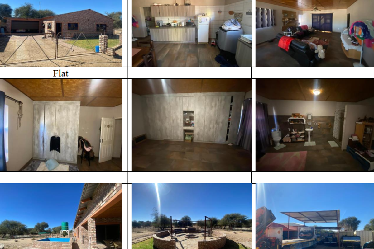 A collage of images showing the exterior and interior of a small holding property including living areas, bedrooms, and outdoor entertainment spaces.