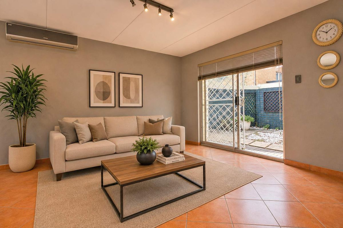 A well-maintained living room featuring ceramic tile flooring, a split-system air conditioner, and sliding glass doors providing access to the rear patio area.