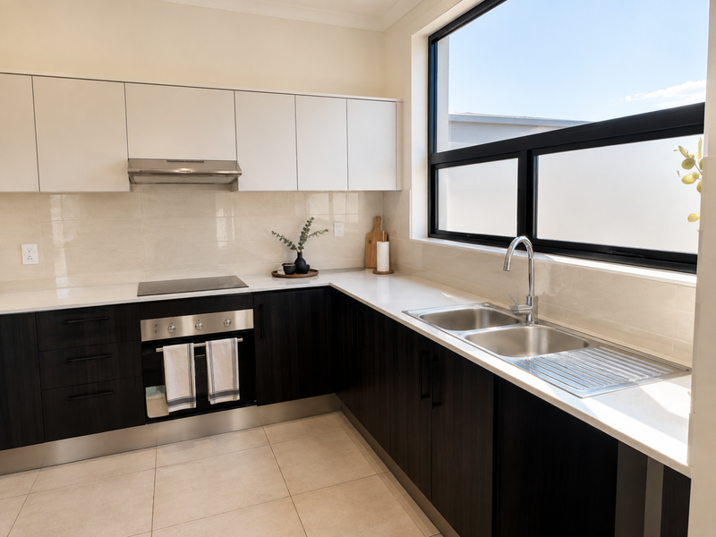 Modern kitchen featuring sleek dark lower cabinetry, white upper cabinets, quartz countertops, integrated appliances, and a large window providing ample natural light.