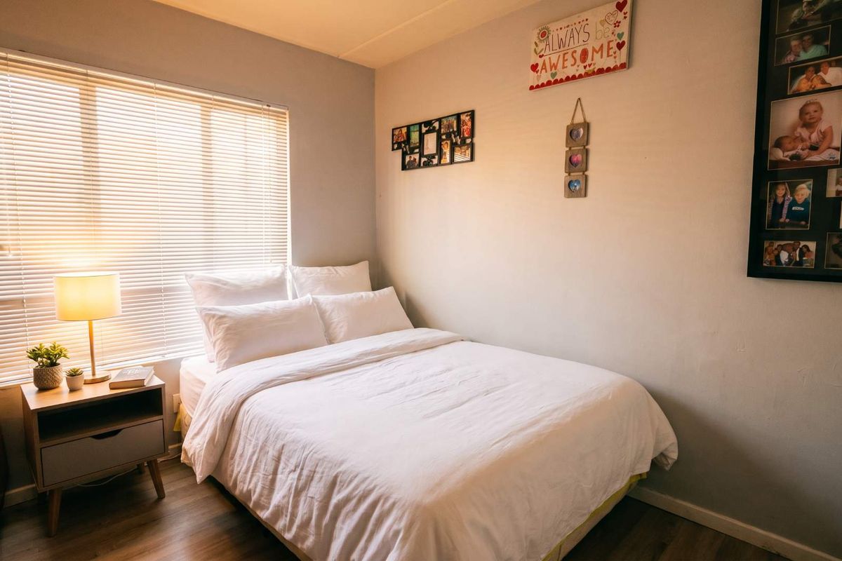A cozy bedroom featuring laminate flooring and venetian blinds, providing a functional and comfortable sleeping space.