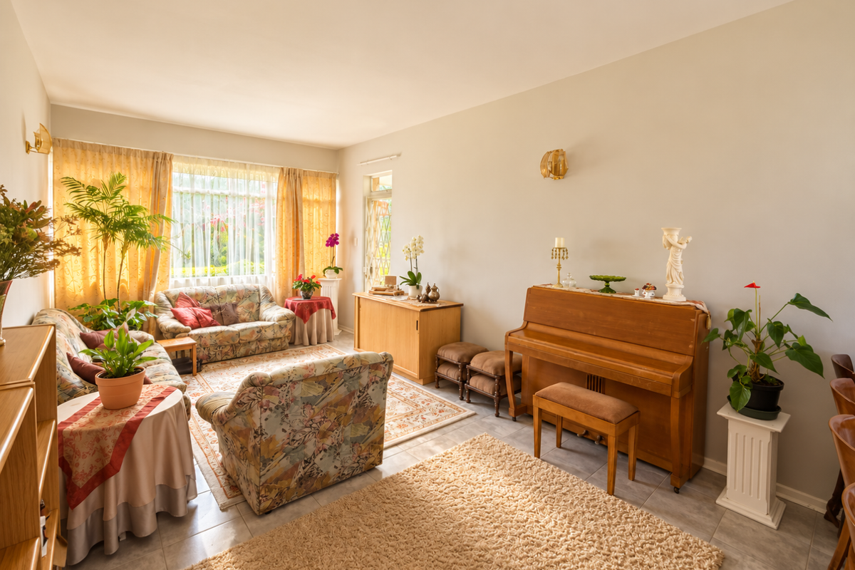 A spacious living room featuring tiled flooring, wall-mounted lighting, and a large window that allows for ample natural light.