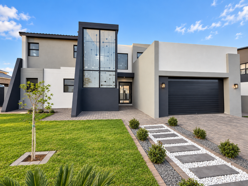 A modern double-story home featuring a striking architectural facade, large feature window, paved driveway, and a well-maintained landscaped front garden.