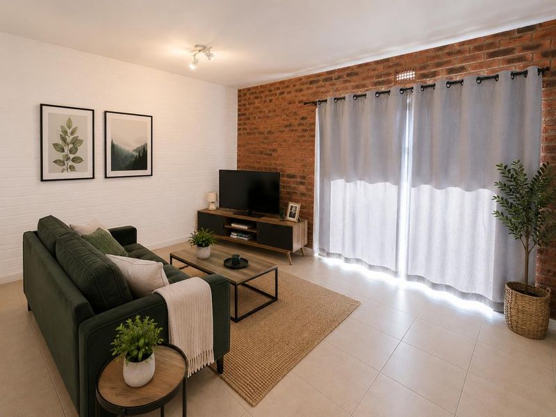 A well-presented living room featuring an exposed brick feature wall, neutral tiled flooring, and large windows dressed with modern curtains.