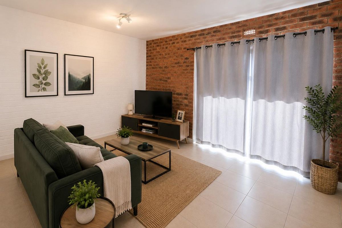 A well-presented living room featuring an exposed brick feature wall, neutral tiled flooring, and large windows dressed with modern curtains.