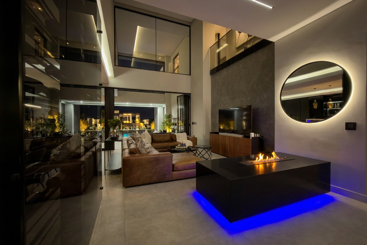 Modern double-volume living area featuring a sleek built-in fireplace with LED under-lighting, recessed ceiling lighting, and large glass sliding doors opening to the patio.