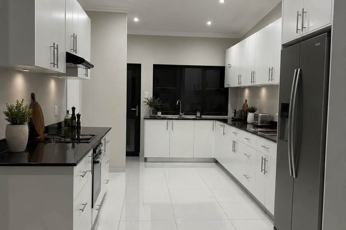 Modern, well-maintained kitchen featuring sleek white cabinetry, contrasting black granite countertops, high-gloss tiled flooring, and integrated appliances with recessed lighting.