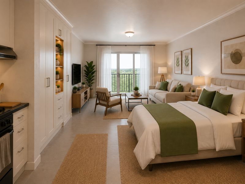 A modern open-plan studio apartment featuring a compact kitchen with built-in cabinetry, a comfortable living area, and a bedroom leading to a balcony.