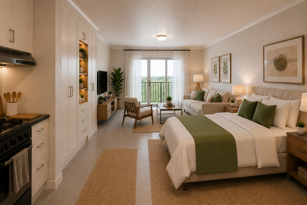 A modern open-plan studio apartment featuring a compact kitchen with built-in cabinetry, a comfortable living area, and a bedroom leading to a balcony.