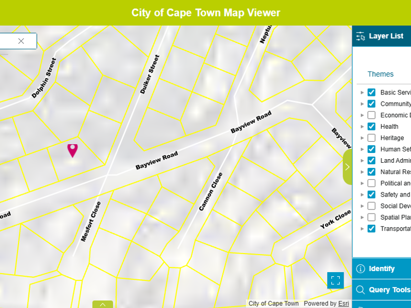A digital map interface showing the cadastral layout and street network of the Hout Bay area in Cape Town.