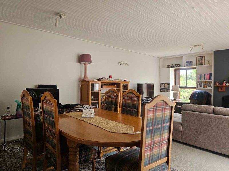 Spacious open-plan living and dining area featuring a distinctive tongue and groove ceiling, built-in shelving, and large windows providing natural light.