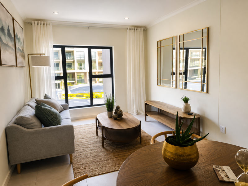 A bright and modern open-plan living area featuring large black-framed windows, neutral tiled flooring, and recessed downlighting in a well-maintained apartment setting.