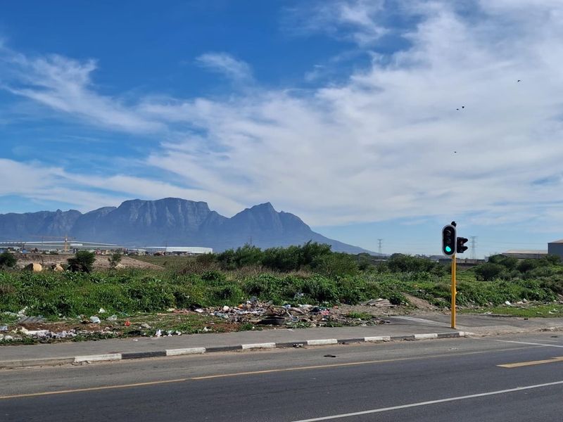 A view of vacant agricultural land from the roadside, featuring mountain vistas and a traffic light in the foreground.