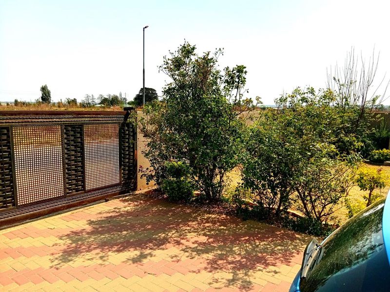Front exterior view featuring a paved driveway, metal security gate, and boundary wall with established garden shrubs.