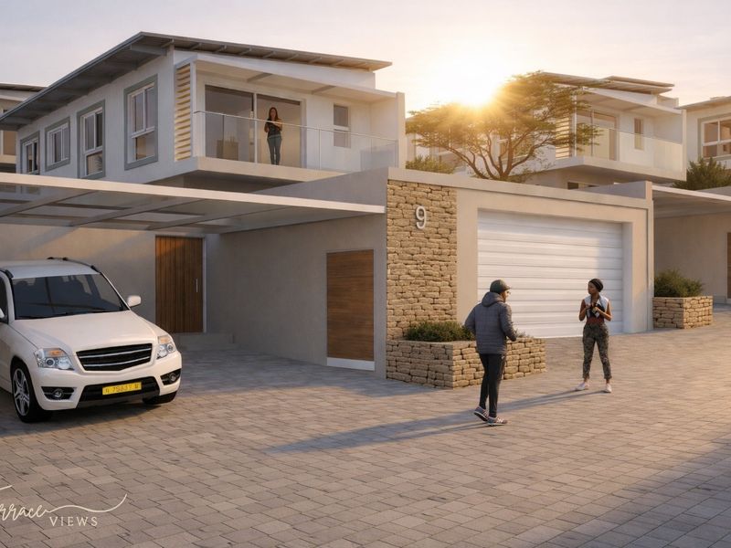 Modern townhouse exterior featuring stone cladding, a paved driveway, integrated carport, and a private balcony with glass balustrades.