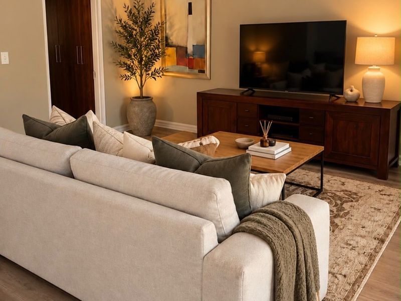 A well-maintained living room featuring vaulted ceilings and modern laminate flooring, creating a warm and inviting atmosphere.
